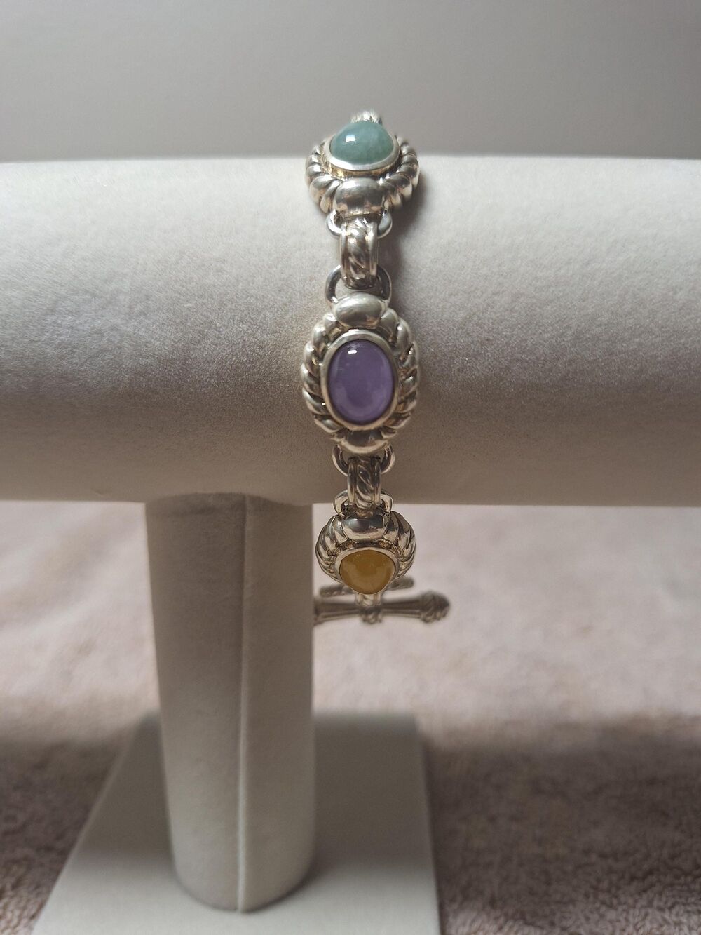 Judith Ripka sterling silver jade bracelet green purple yellow 8 inches 39 grams